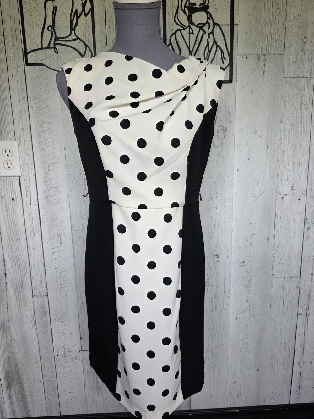 Laura Petites Polka Dot Sheath Dress | Draped Neck | Colorblock | Size 4P